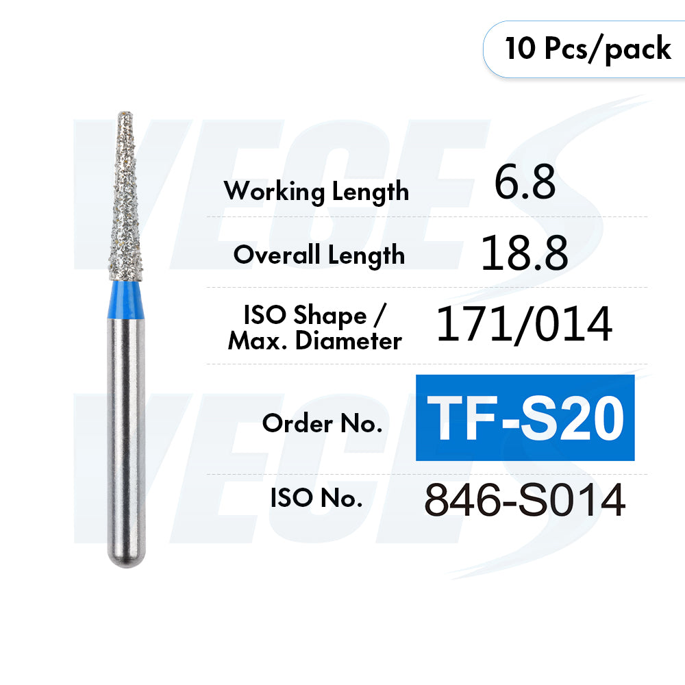 Veges Dental TF Standard Diamond Dental Bur for Tooth Preparation, Contouring & Finishing | Standard Grit | FG | 10pcs