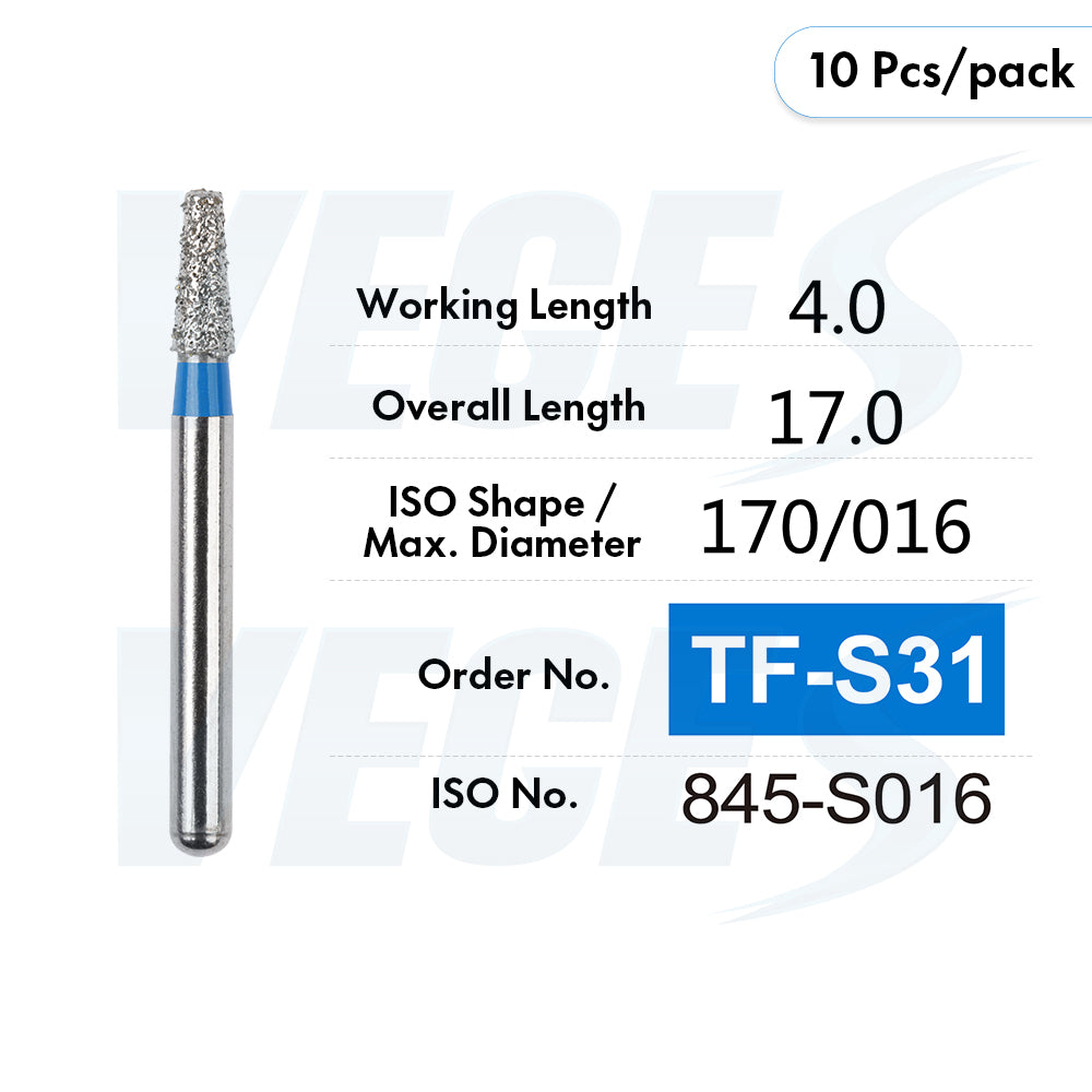 Veges Dental TF Standard Diamond Dental Bur for Tooth Preparation, Contouring & Finishing | Standard Grit | FG | 10pcs