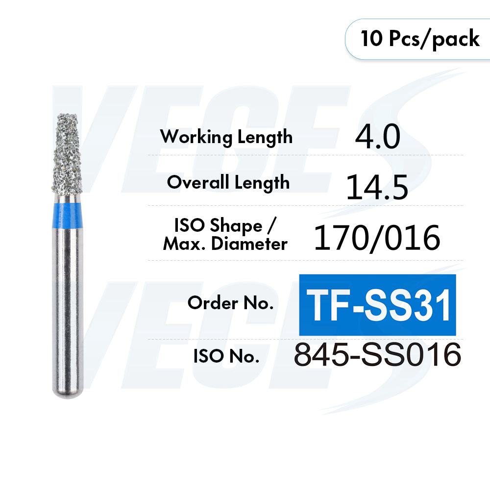 Veges Dental TF Standard Diamond Dental Bur for Tooth Preparation, Contouring & Finishing | Standard Grit | FG | 10pcs